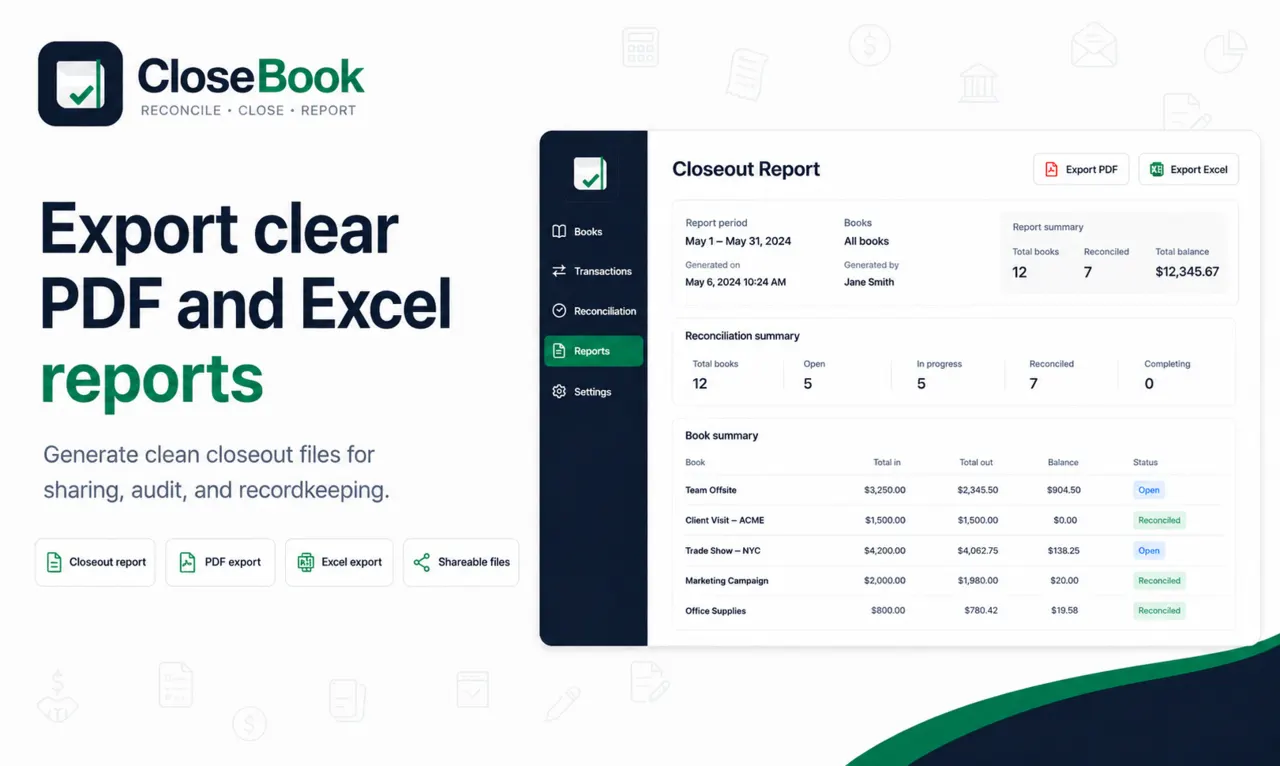 CloseBook closeout workflow with expected and actual balance