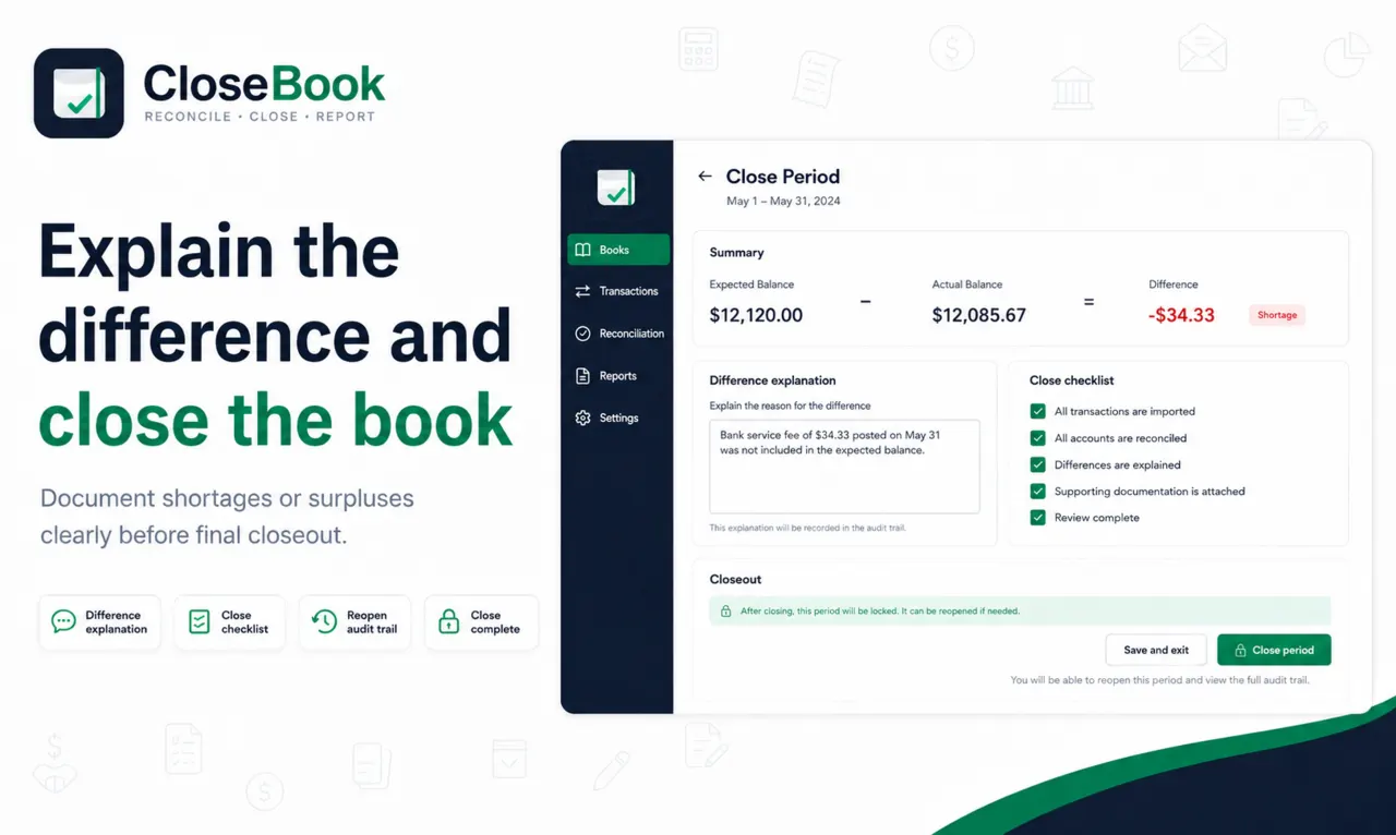 CloseBook cash advance closeout report and export screen