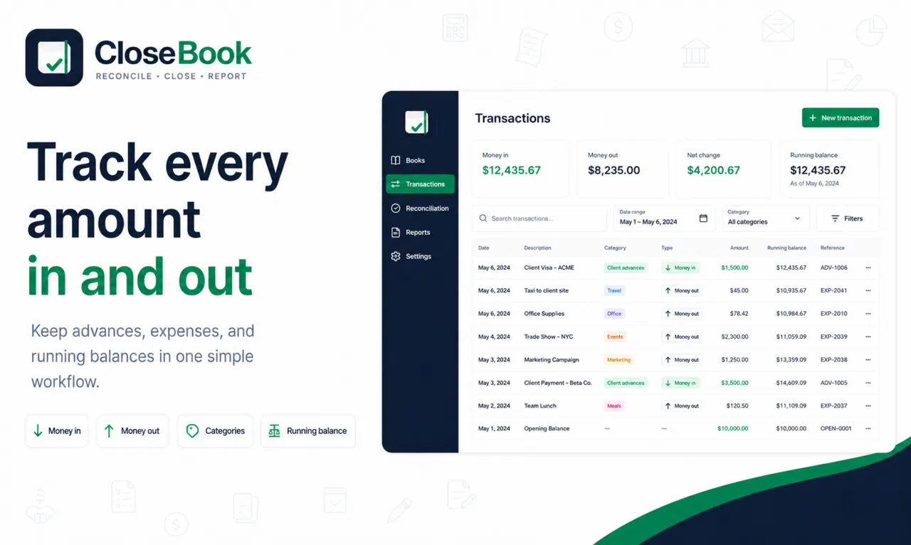 CloseBook transaction tracking workflow